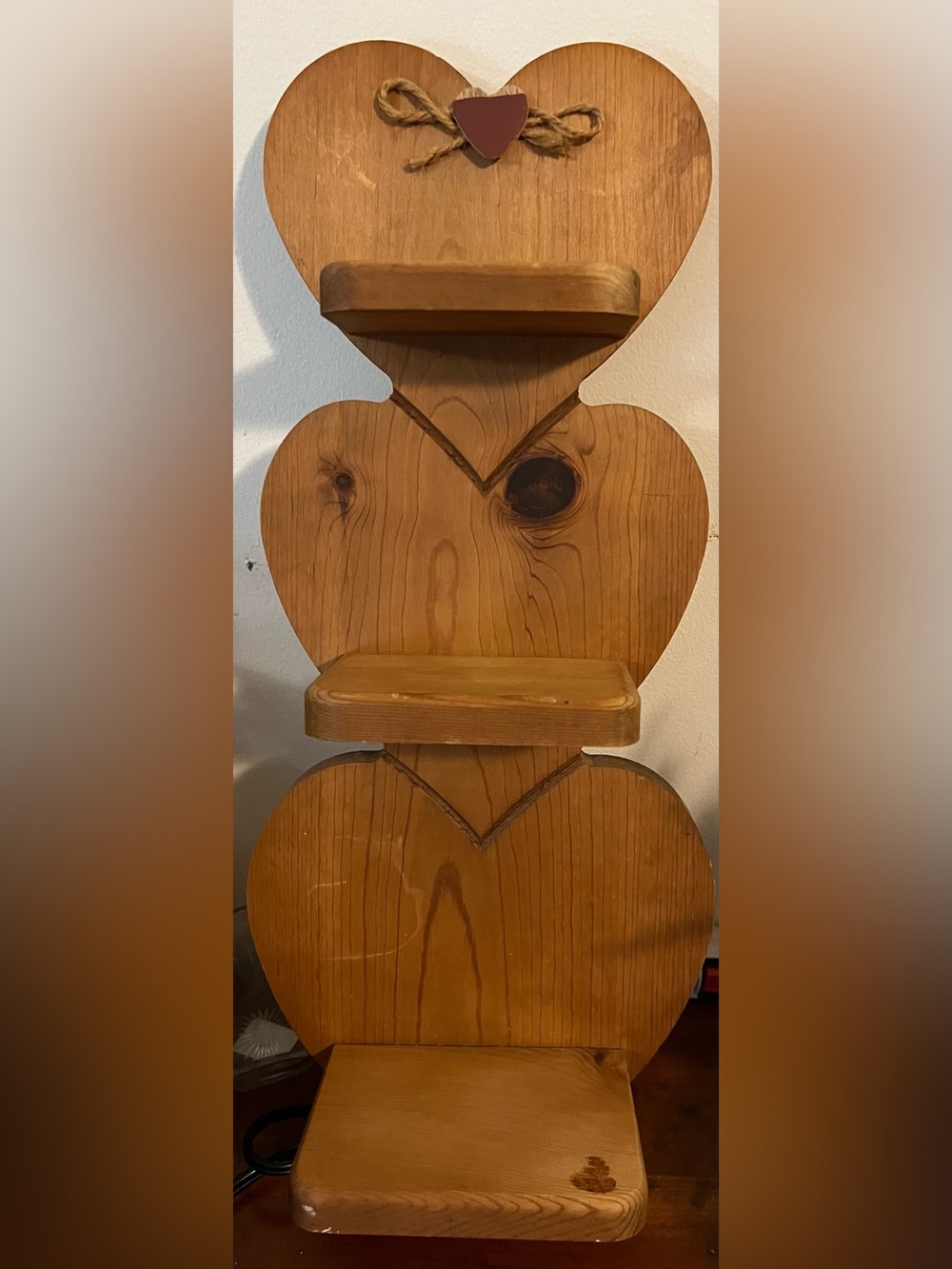 Vintage 3 Tier Wooden Heart Shape Shelf w. Peg Cottage Country